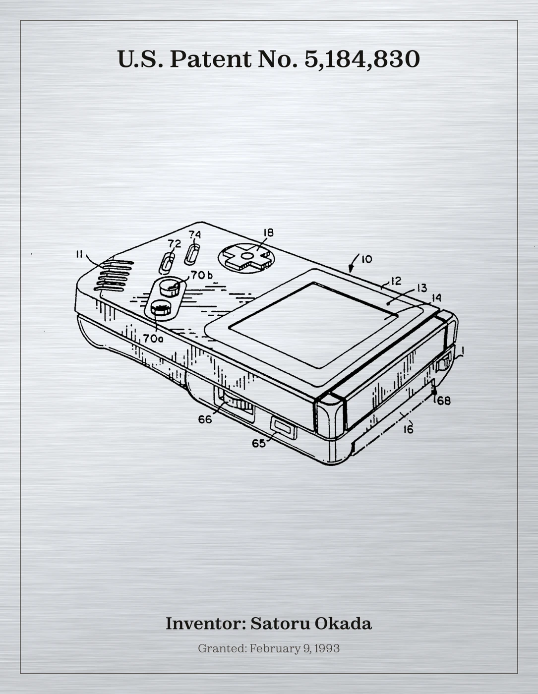 Design print of U.S. Patent No. 5,184,830 – the Game Boy, Satoru Okada, Nintendo.