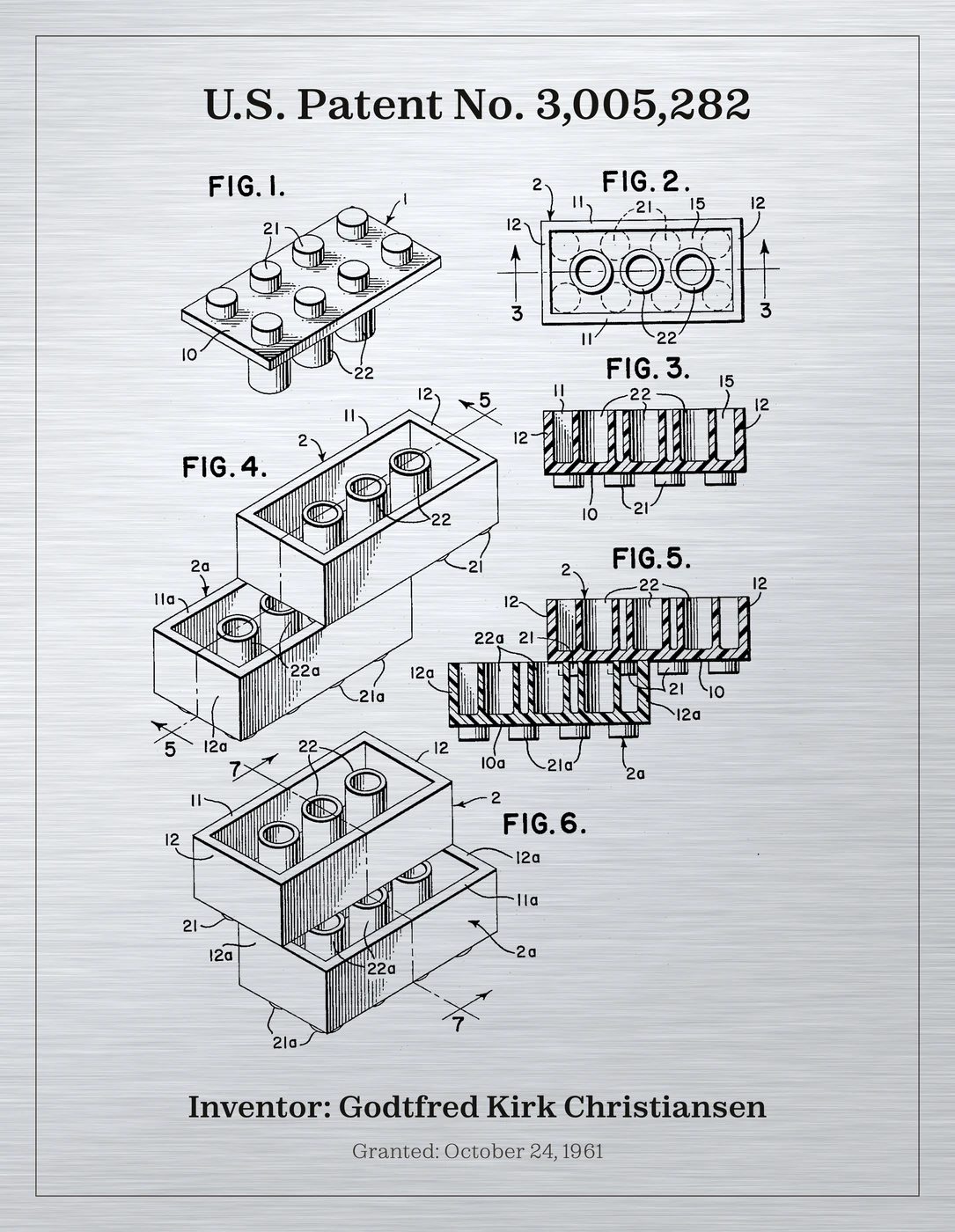 Design print of U.S. Patent No. 3,005,282 – the LEGO brick, Godtfred Kirk Christiansen.