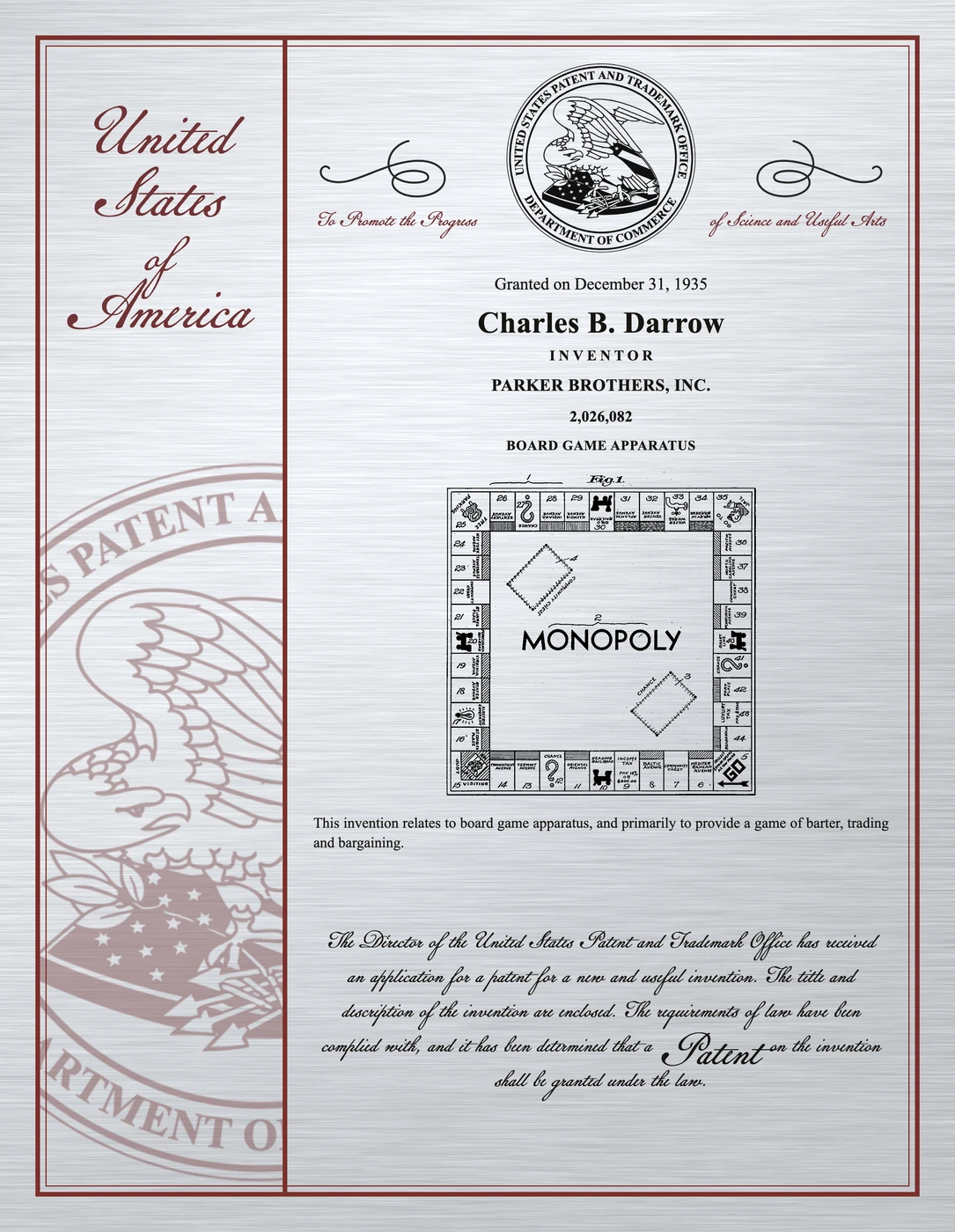 Commemorative print of U.S. Patent No. 2,026,082 – the Monopoly board, Charles B. Darrow.