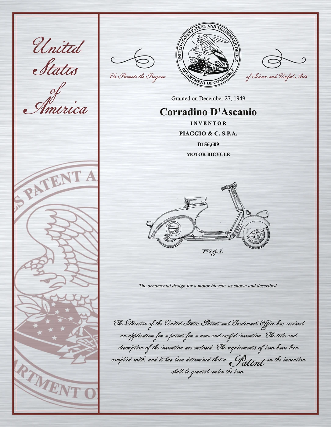 Commemorative print of U.S. Patent No. D156,609 – the Vespa scooter, Corradino D'Ascanio.